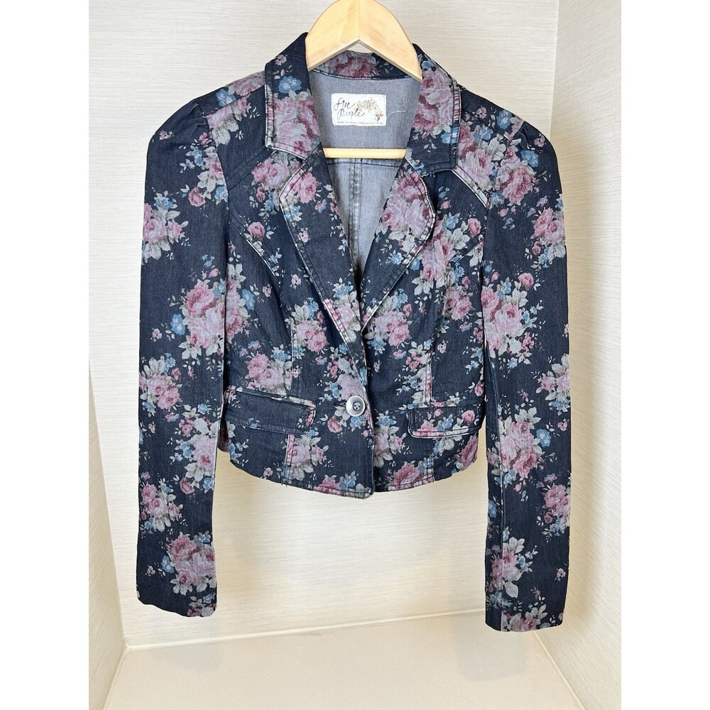 Free People Floral Printed Cropped Denim Jacket Women’s 2 Black Pink Button Up